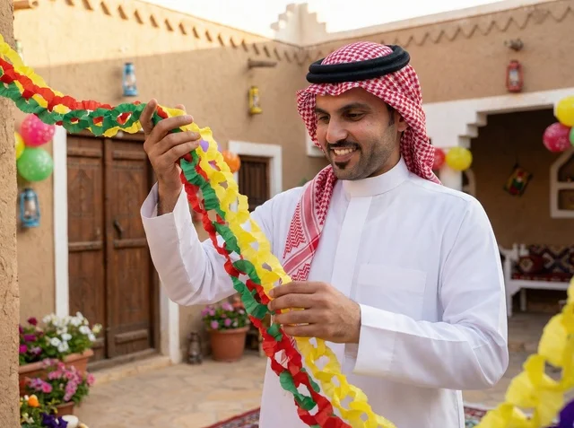 Saudi Man Hanging Eid Decorations at Heritage House