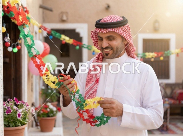 Saudi Man Decorating Courtyard for Eid Celebration