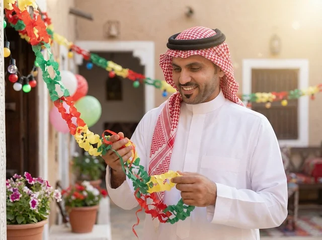 Saudi Man Decorating Courtyard for Eid Celebration