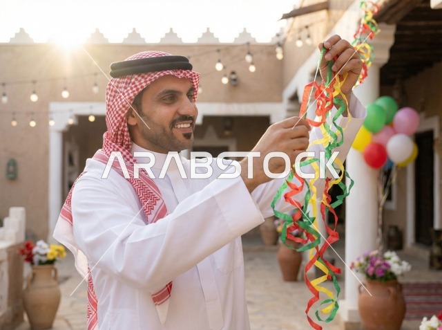 Saudi Man Decorating Outdoor Courtyard for Eid
