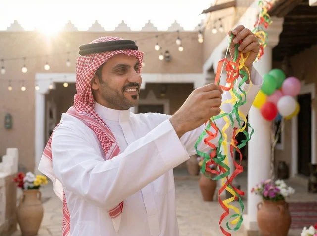 Saudi Man Decorating Outdoor Courtyard for Eid