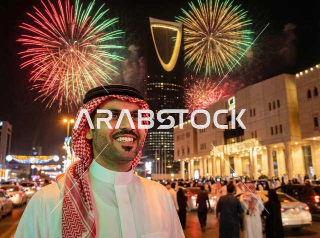 رجل سعودي أمام برج المملكة احتفالات العيد بالرياض