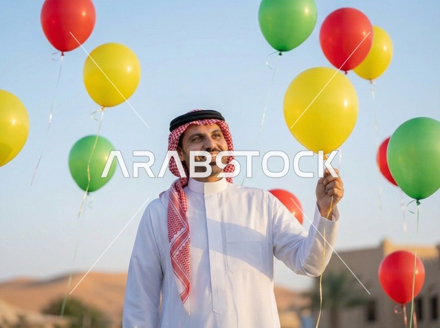 Saudi Man Celebrating Eid with Balloons in Saudi Arabia