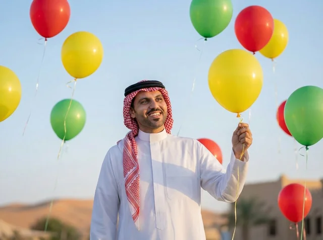 Saudi Man Celebrating Eid with Balloons in Saudi Arabia