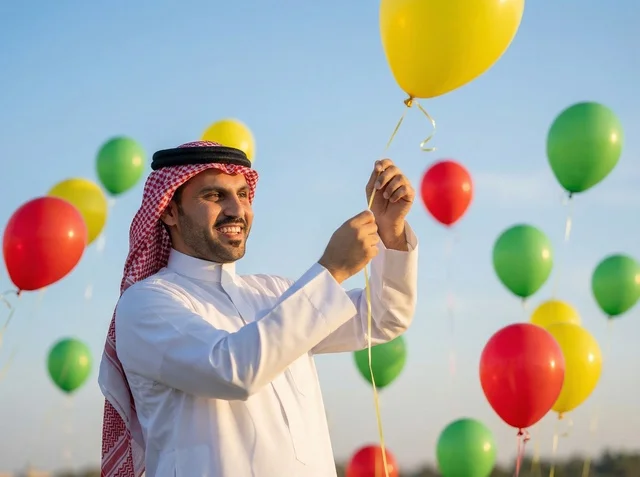 Saudi Man Holding Colorful Balloons for Eid Celebration