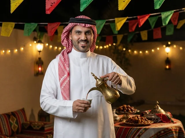 Saudi Man Pouring Arabic Coffee During Eid Celebration