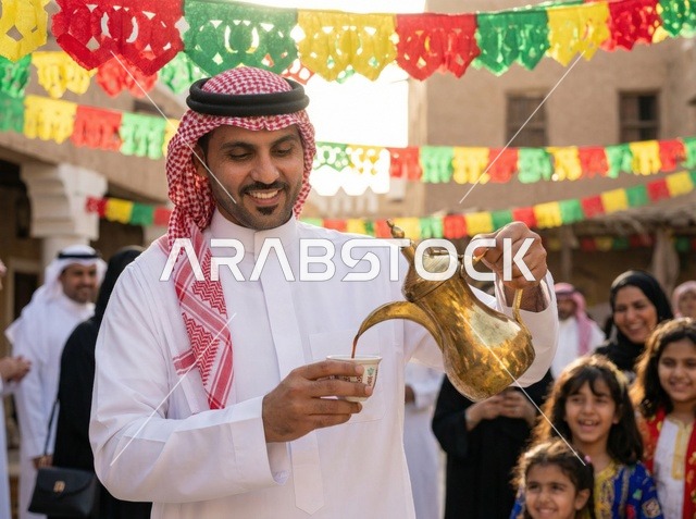 Saudi Man Pouring Arabic Coffee during Eid in Saudi Arabia