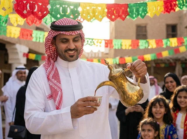 Saudi Man Pouring Arabic Coffee during Eid in Saudi Arabia