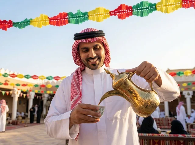 Saudi Man Pouring Arabic Coffee during Eid Celebration