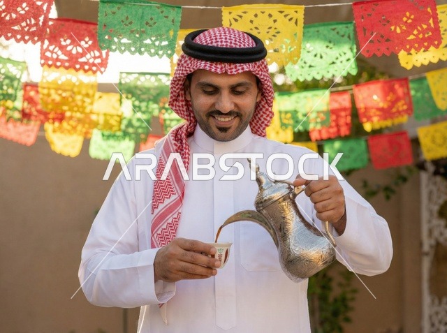 Saudi Man Pouring Arabic Coffee During Eid Celebration