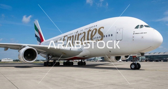 طائرة طيران الإمارات إيرباص A380 على مدرج المطار
