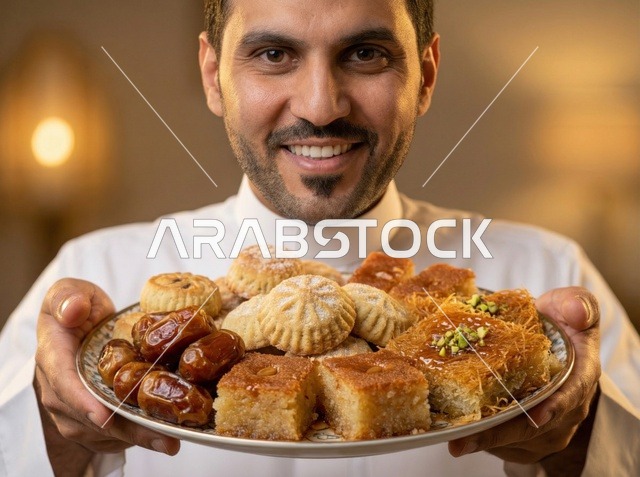 Saudi Man Holding Traditional Eid Sweets Platter