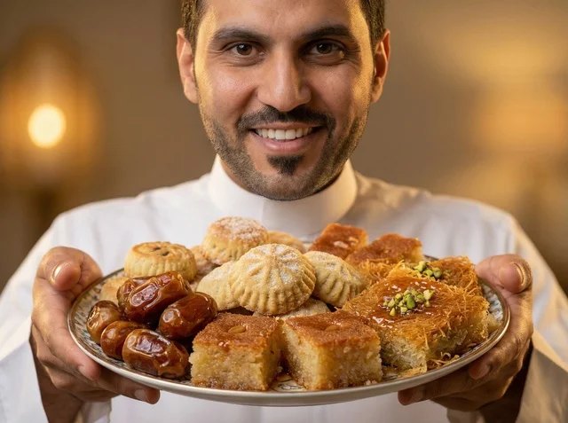 Saudi Man Holding Traditional Eid Sweets Platter