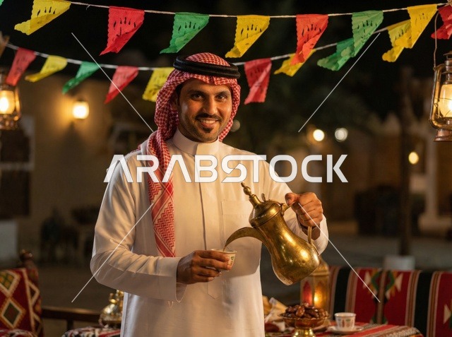 Saudi Man Pouring Arabic Coffee During Eid Celebration