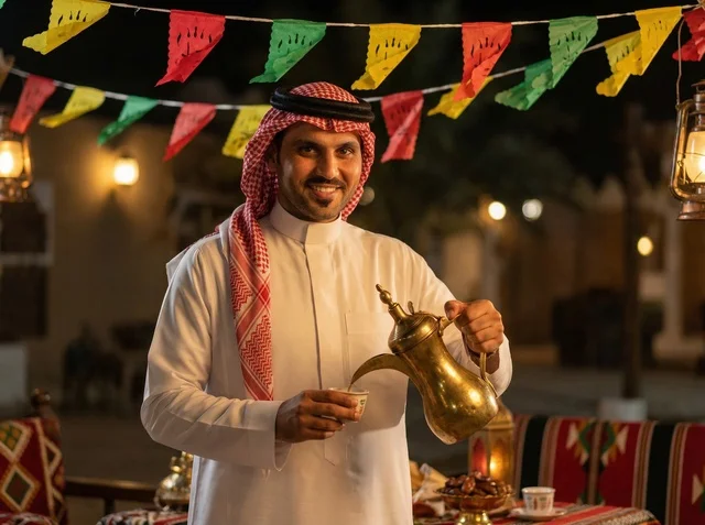Saudi Man Pouring Arabic Coffee During Eid Celebration