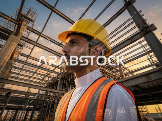 Saudi Engineer at Construction Site Double Exposure