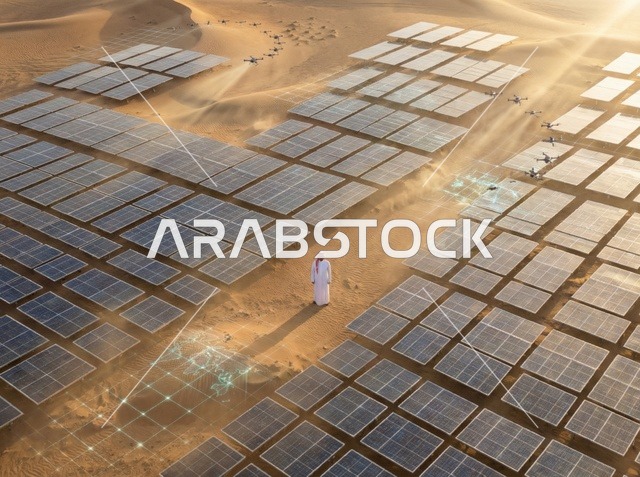 مهندس سعودي في حقل طاقة شمسية مع طائرات درون