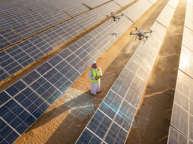 مهندس سعودي يشغل طائرات بدون طيار في محطة طاقة شمسية