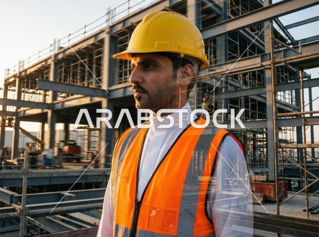 Saudi Engineer at Industrial Construction Site in Safety Gear