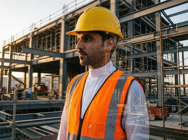 Saudi Engineer at Industrial Construction Site in Safety Gear