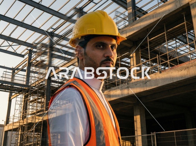 Saudi Engineer at Construction Site with Safety Gear