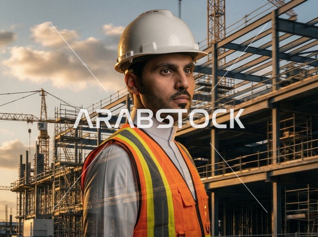 مهندس سعودي في موقع بناء بالخوذة وقت الغروب
