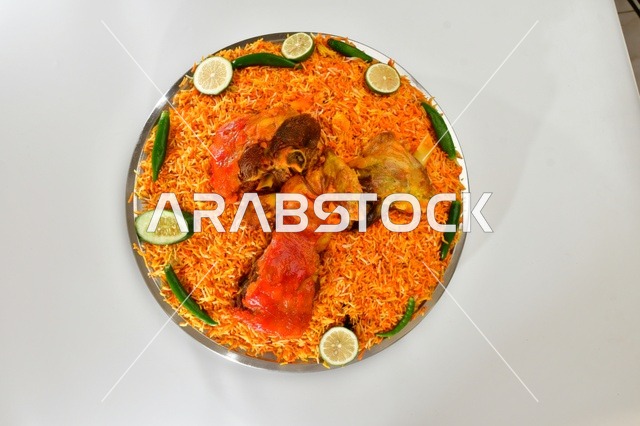 طبق من الرز المندي الاحمر السعودي مع الدجاج المحمر , أرز شعبي باللون البرتقالي , مطعم سعودي شعبي تقليدي, خلفيه بيضاء