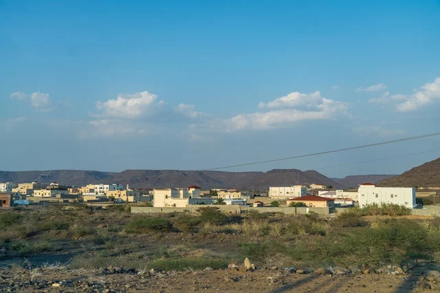 Natural scenery in the village of Mudrikah on the road to Jeddah in Mecca, a historic old popular area, mountainous terrain with the blue sky in the city, Kingdom of Saudi Arabia.