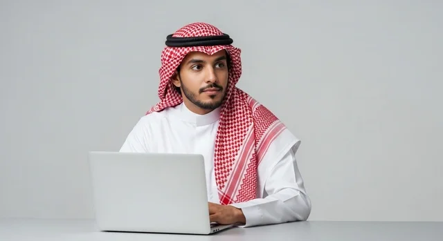 Focused Saudi man working on his laptop and thinking Focused Saudi man working on his laptop and thinking