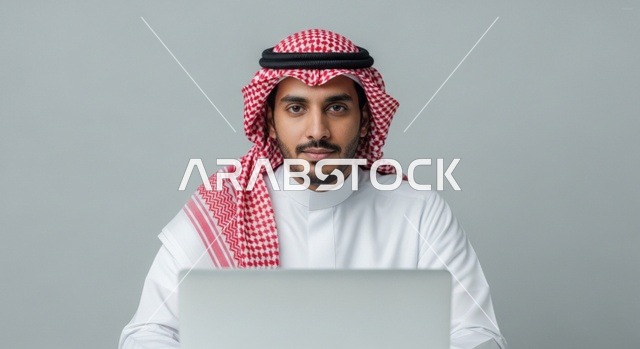 Smiling Saudi man working on a laptop