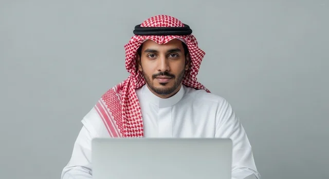 Smiling Saudi man working on a laptop Smiling Saudi man working on a laptop