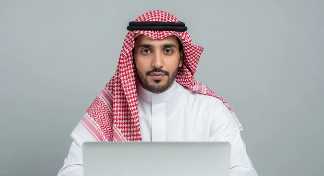 A close-up shot of a Saudi man in traditional attire (Thobe and Shemagh) sitting in front of a laptop against a neutral grey background A close-up shot of a Saudi man in traditional attire (Thobe and Shemagh) sitting in front of a laptop against a neutral grey background