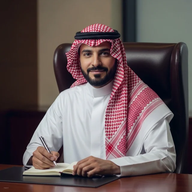 Saudi businessman writing in a notebook in a luxury office