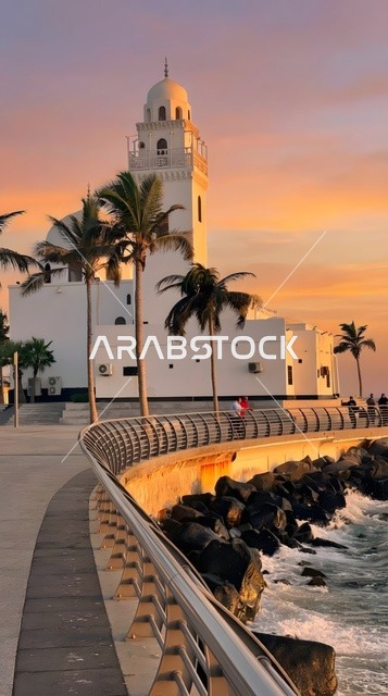 مسجد الجزيرة  الابيض على ساحل مدينة جده, الواجهه البحريه للبحر الاحمر, معالم ومدن سياحيه, خلفية غروب الشمس