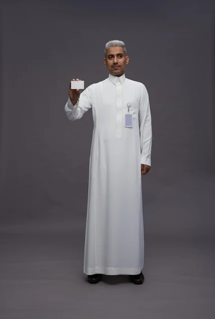 بورتريه لرجل عربي سعودي خليجي يرتدي الثوب الابيض يعرض بطاقة ائتمان بيضاء فارغه ويشير اليها, كرت تعريفي شخصي, الجسم بالكامل, خلفيه رماديه