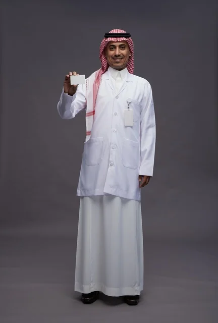 بورتريه لطبيب عربي سعودي خليجي يرتدي الثوب والمعطف الابيض يعرض بطاقة ائتمان بيضاء فارغه ويشير اليها, كرت تعريفي شخصي, الجسم بالكامل, خلفيه رماديه