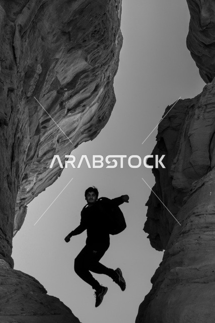 Man Jumping in Al-Ula Mada'in Salih Canyon
