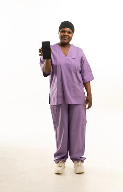 Black Female Nurse Holding Smartphone in Purple Scrubs