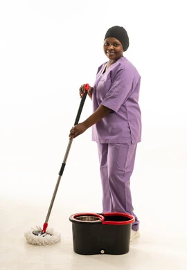 African Female Cleaner in Purple Uniform with Mop