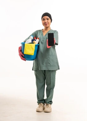 Asian Female Cleaner Holding Bucket and Smartphone