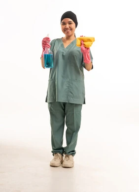 East Asian Domestic Worker with Cleaning Supplies