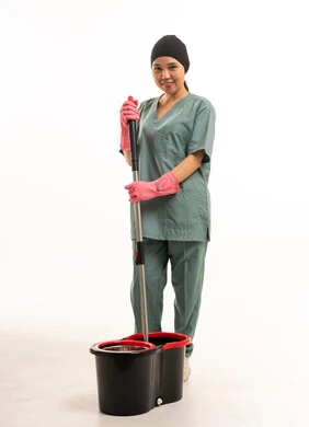 Asian Female Cleaner in Scrubs Holding a Mop