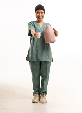 Domestic Worker in Uniform Holding Coffee Thermos