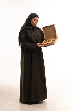 Saudi Woman in Abaya Holding Pizza Box Studio