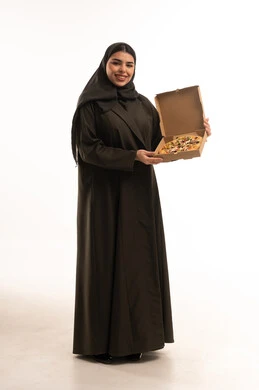 Saudi Woman Holding Open Pizza Box in Studio