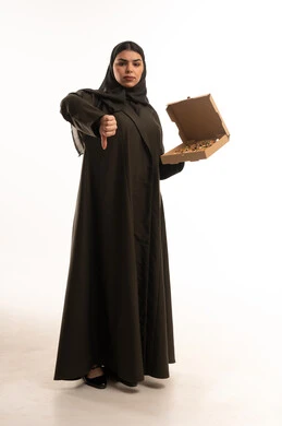 Saudi Woman with Pizza Box and Thumbs Down Gesture