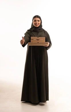 Saudi Woman Holding Pizza Boxes with Thumbs Up