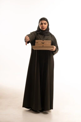 Saudi Woman Holding Pizza Boxes Thumbs Down Sign