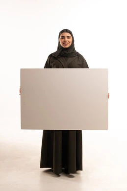 Saudi Woman Holding Blank White Board on White Background