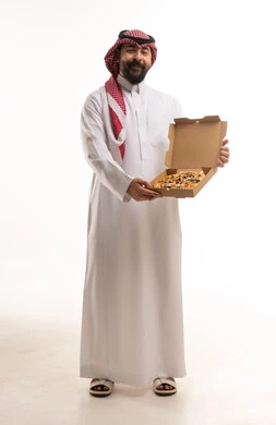Saudi Man Holding Pizza Box in Studio